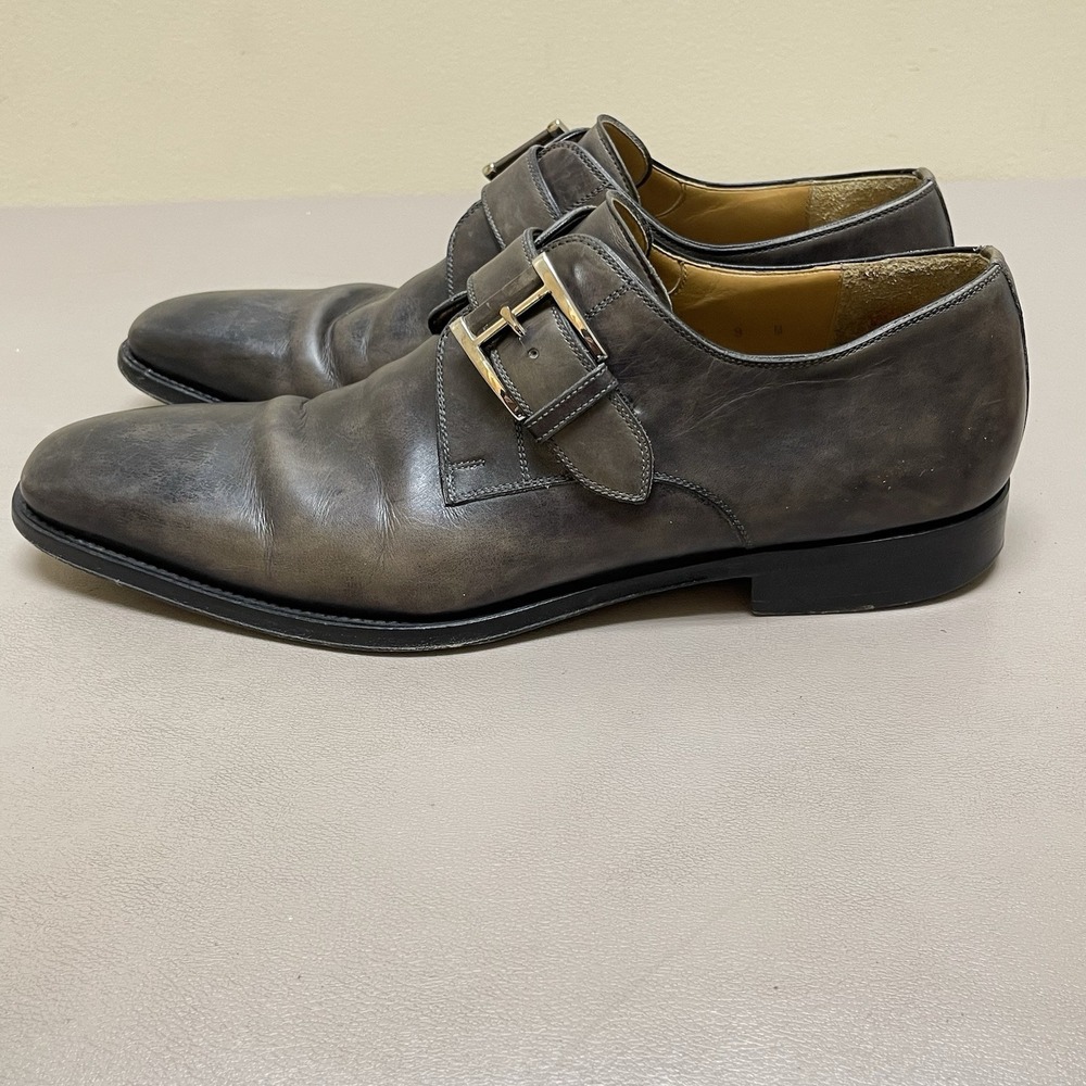 Magnanni Monk Strap Dress Shoes Men 9 M Gray Leather Buckle Brogue Oxford Loafer